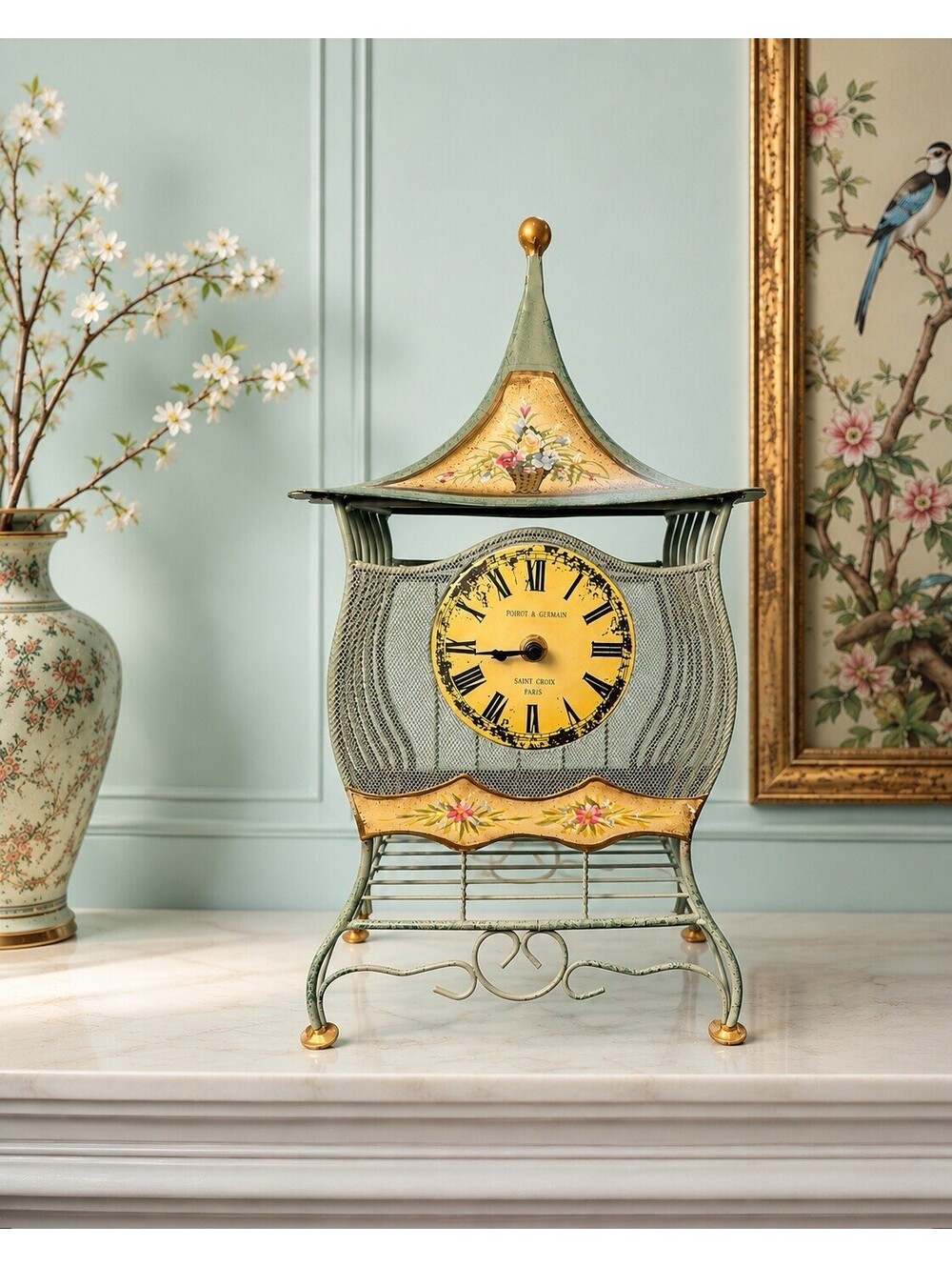 Poirot & Germain 1990s Pagoda Mesh Mantel Clock Mint Floral Tole, 9x5.5x15.5"